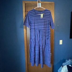 NEW Gudrun Sjoden Dress M Medium Purple Blue Stripe Pockets Lagenlook style